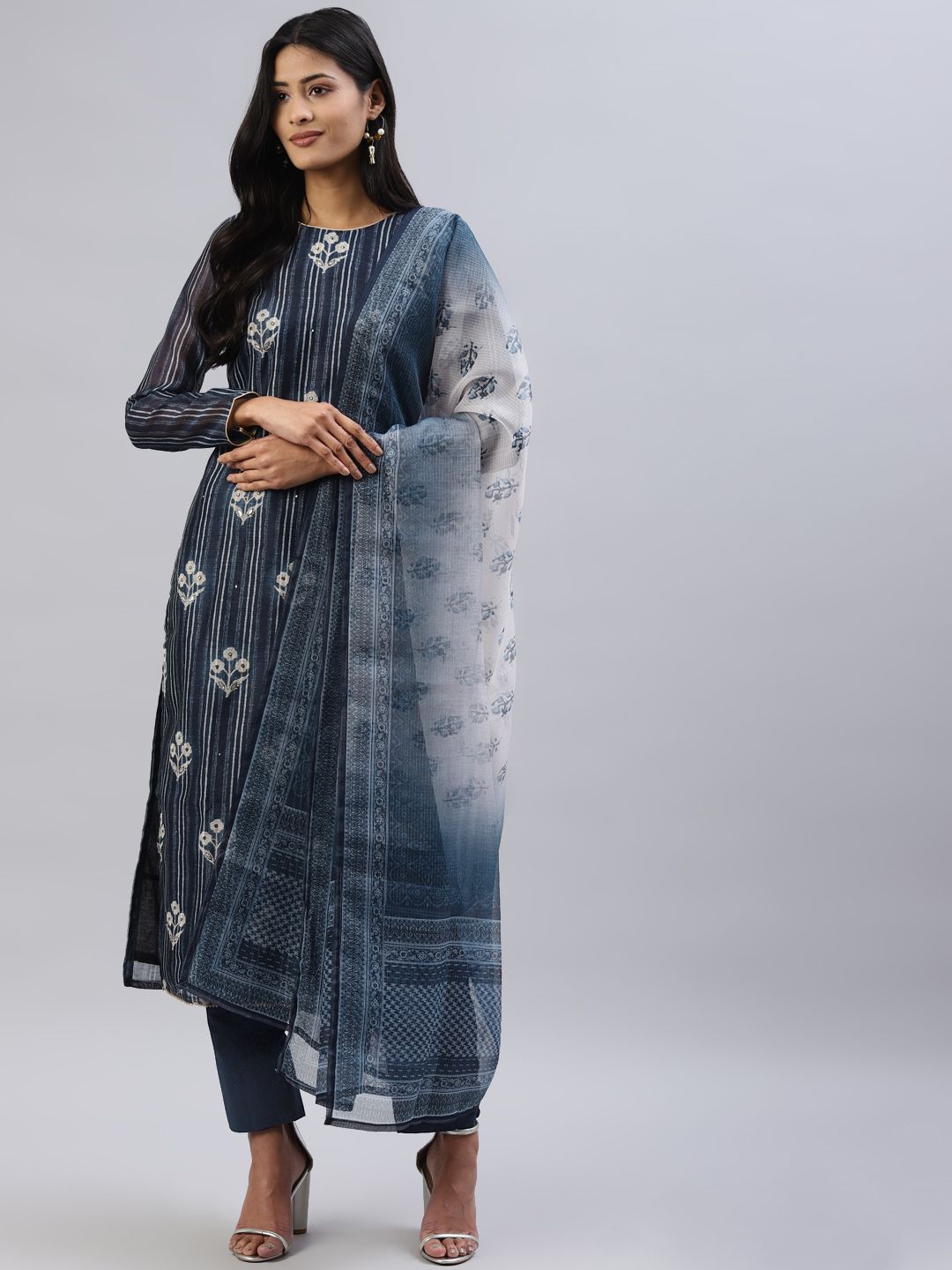 Readiprint Fashions Navy Blue & Off-White Unstitched Dress Material Price in India