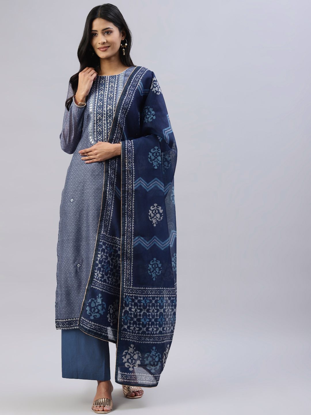 Readiprint Fashions Teal Blue & White Embellished Unstitched Dress Material Price in India