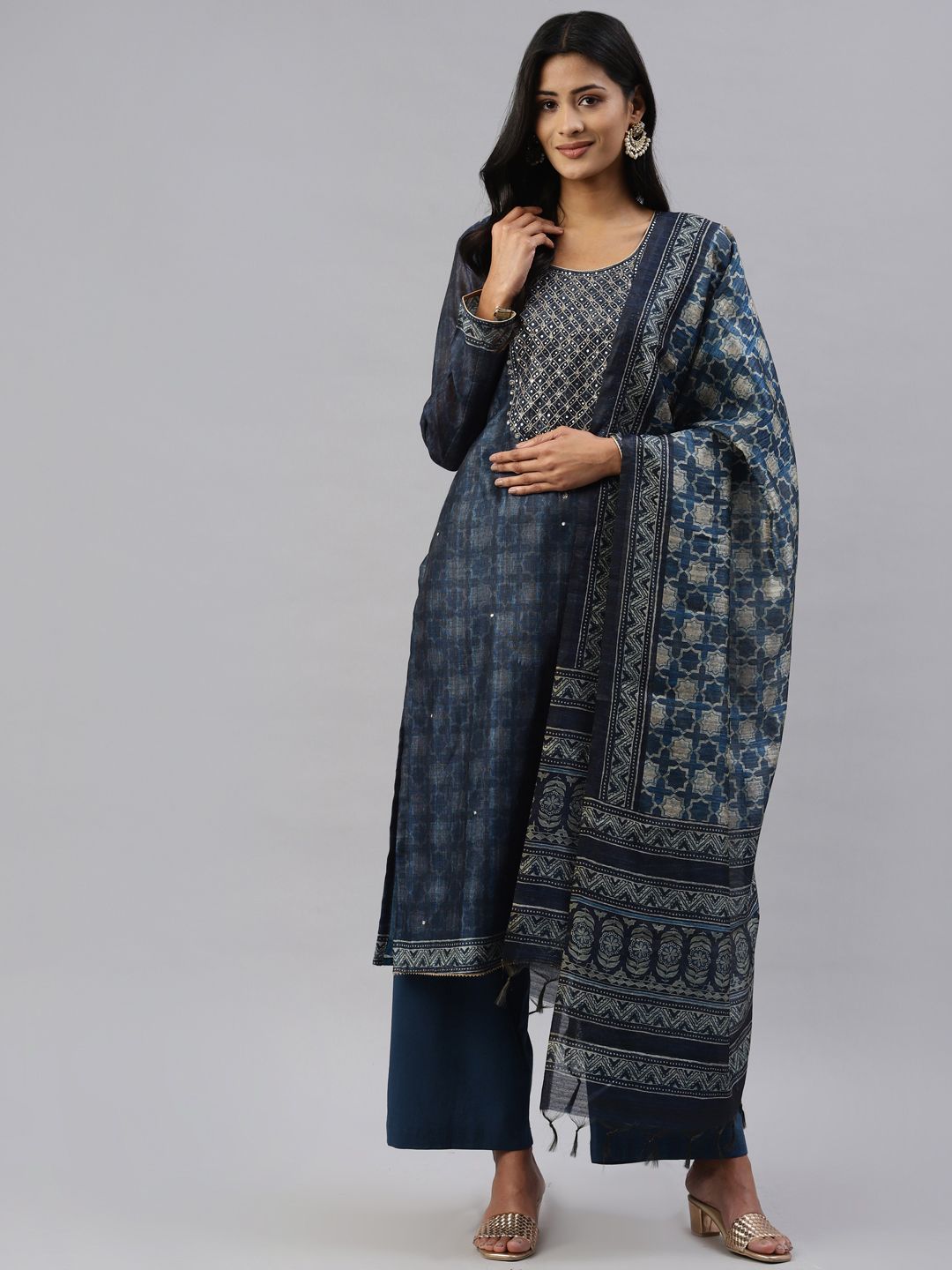 Readiprint Fashions Navy Blue & Beige Embellished Unstitched Dress Material Price in India