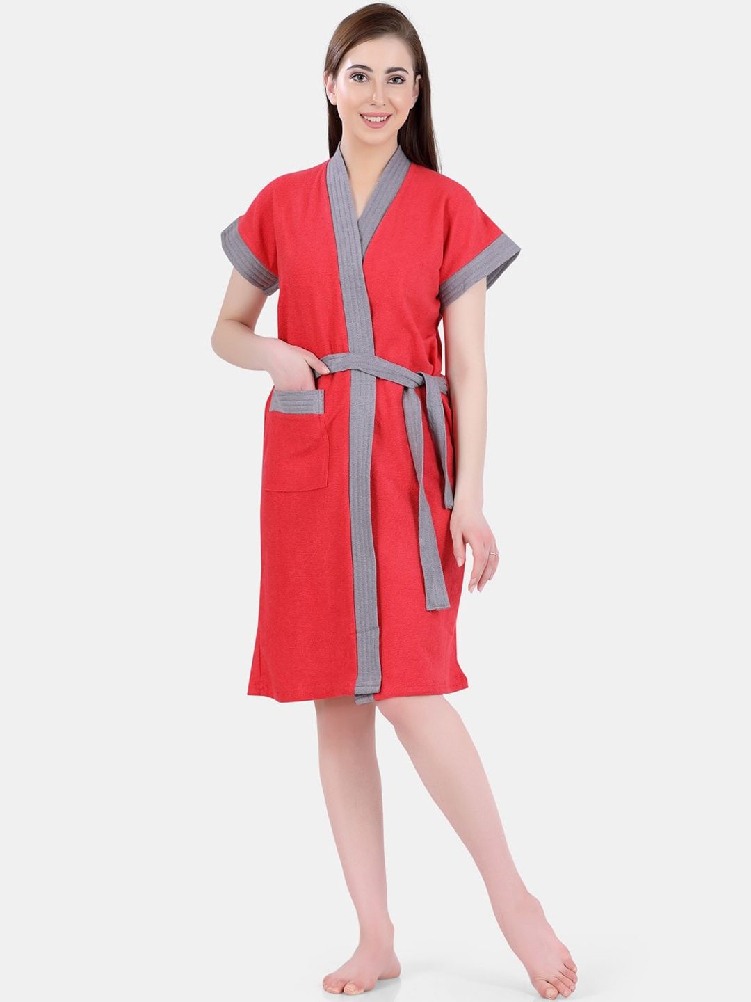 POPLINS Women Red & Grey Solid Bath Robe Price in India