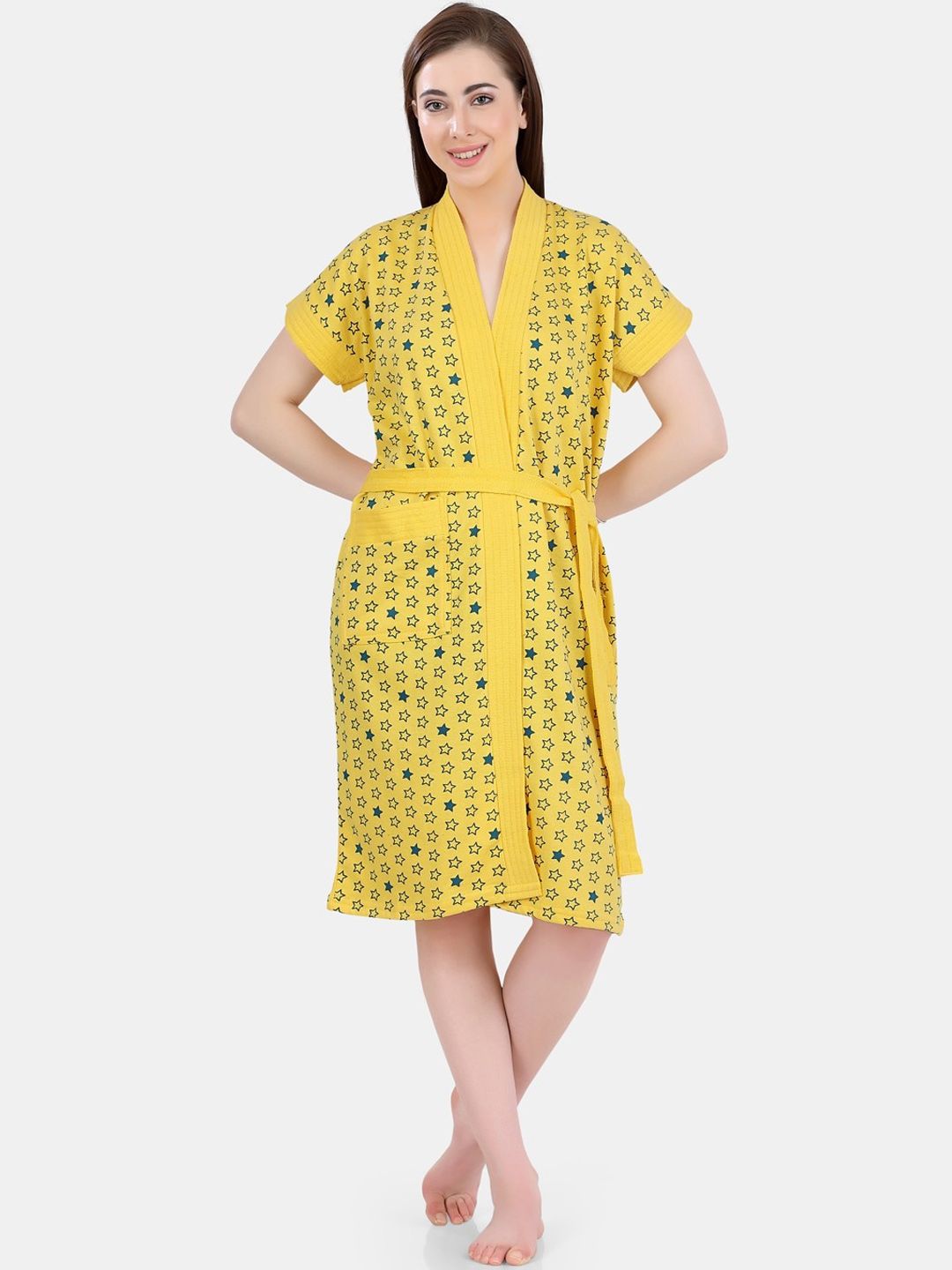 POPLINS Woman Yellow & Blue Printed Bath Robe Price in India