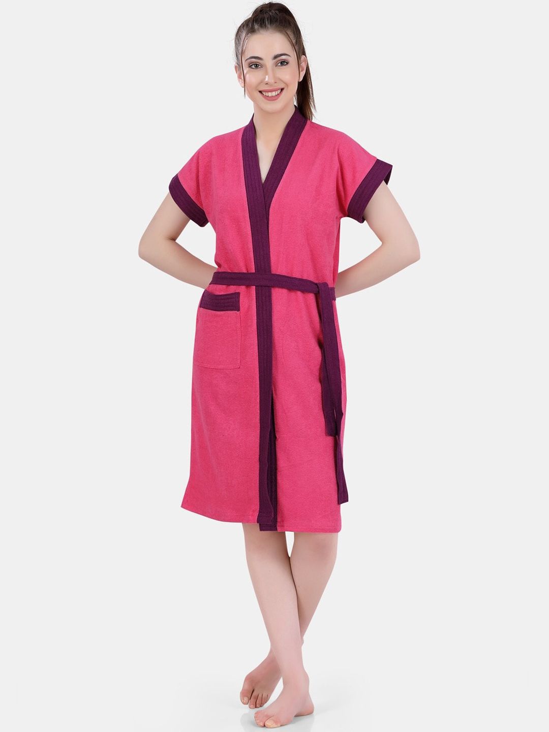 POPLINS Women Pink & Purple Solid Bath Robe Price in India