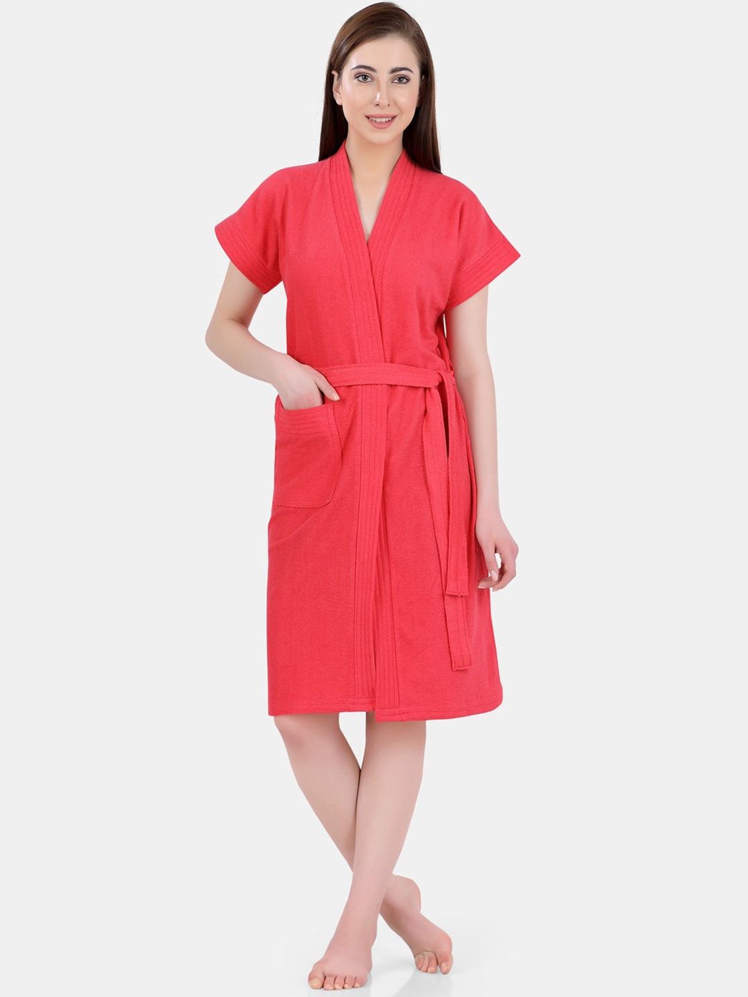 POPLINS Women Red Solid Regular Fit Bath Robe Price in India