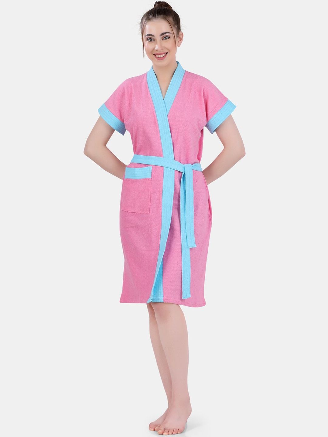 POPLINS Women Pink & Turquoise Blue Solid Bathrobe Price in India