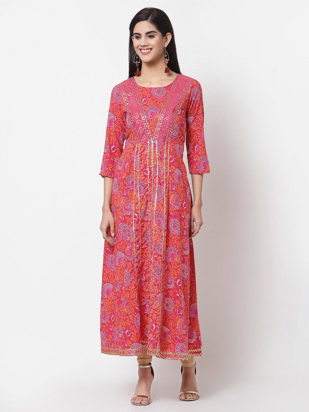 Myshka Red & Orange Floral Ethnic Pure Cotton Maxi Dress Price in India