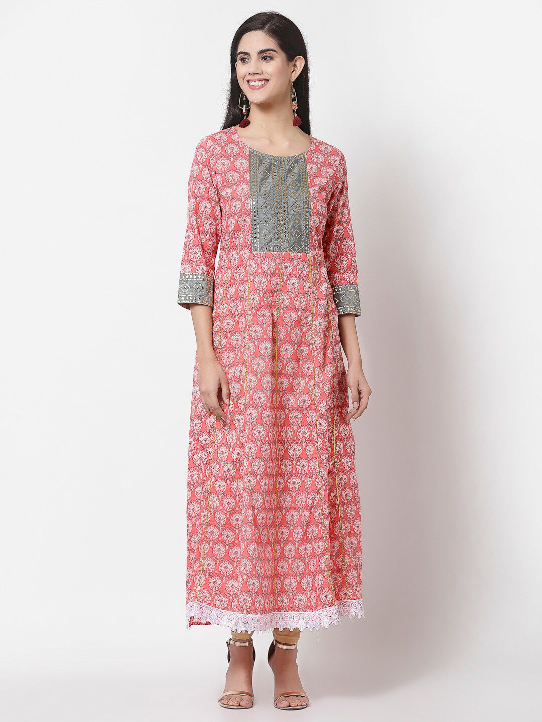 Myshka Pink & White Ethnic Motifs Cotton Ethnic Maxi Dress Price in India