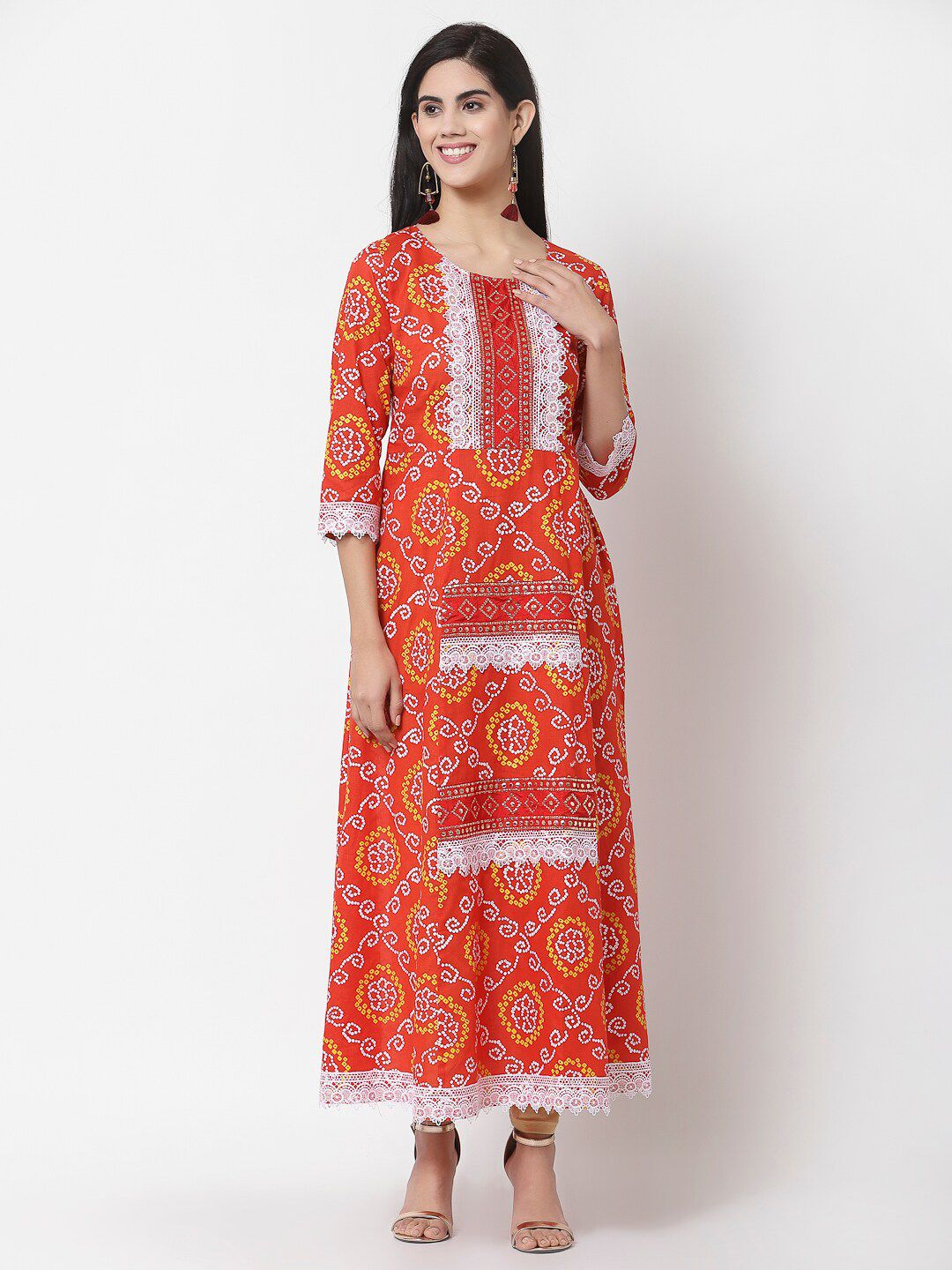 Myshka Red & Yellow Ethnic Motifs Cotton Ethnic Maxi Dress Price in India