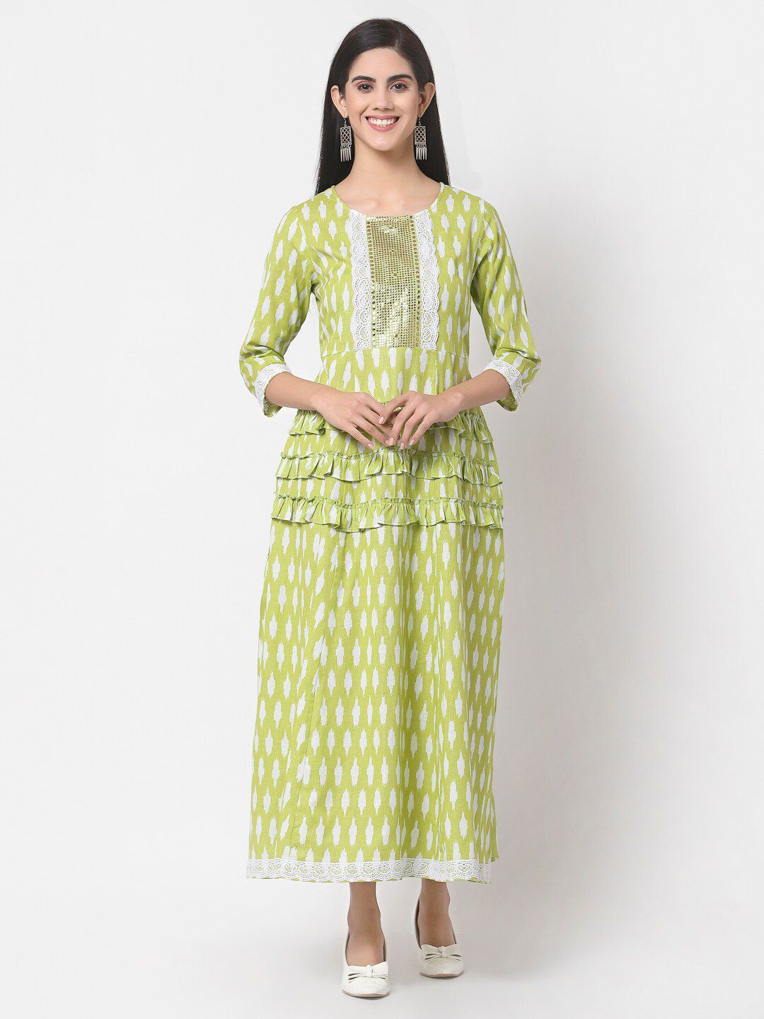 Myshka Green Ethnic Motifs Ethnic Pure Cotton Maxi Dress Price in India