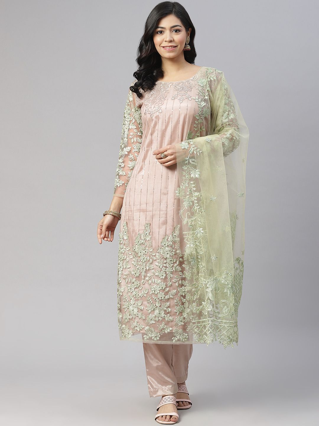 Readiprint Fashions Women Beige & Green Embroidered Unstitched Kurta Set Material Price in India