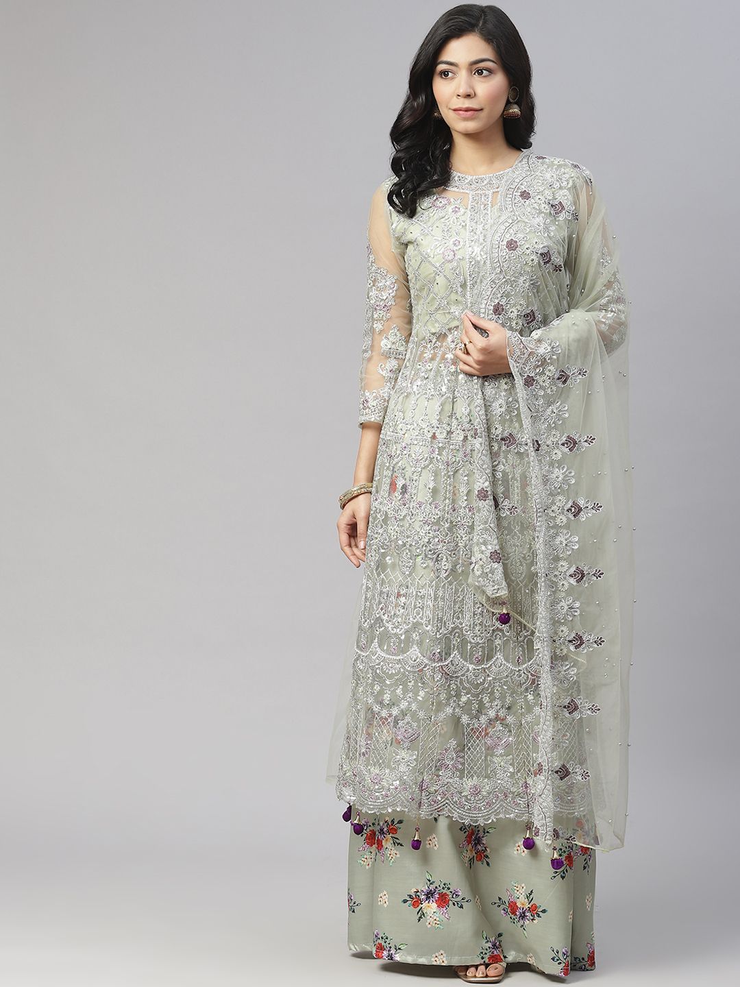 Readiprint Fashions Green & Silver-Toned Embroidered Unstitched Dress Material Price in India