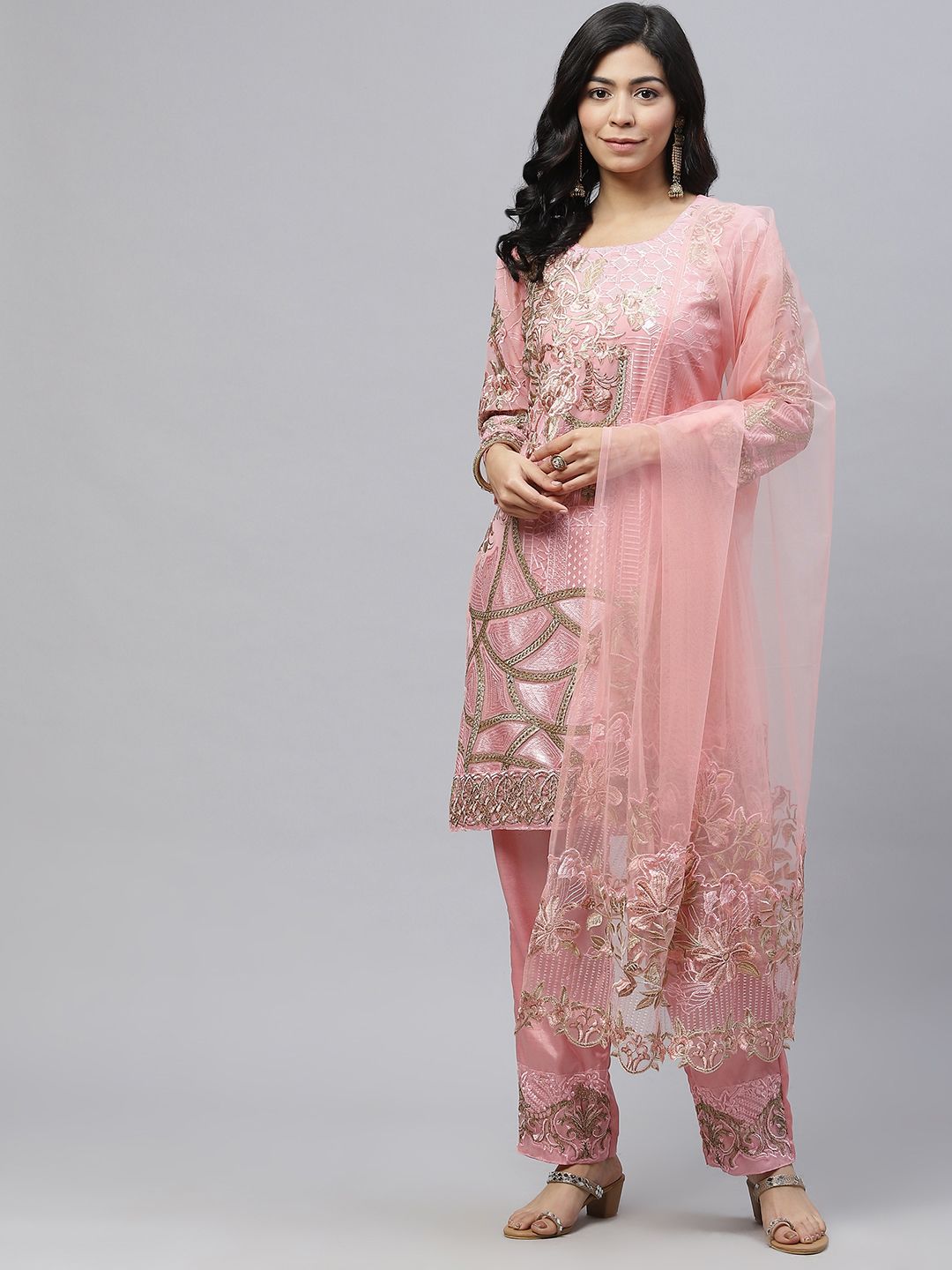 Readiprint Fashions Pink & Beige Embroidered Unstitched Kurta Set Material Price in India