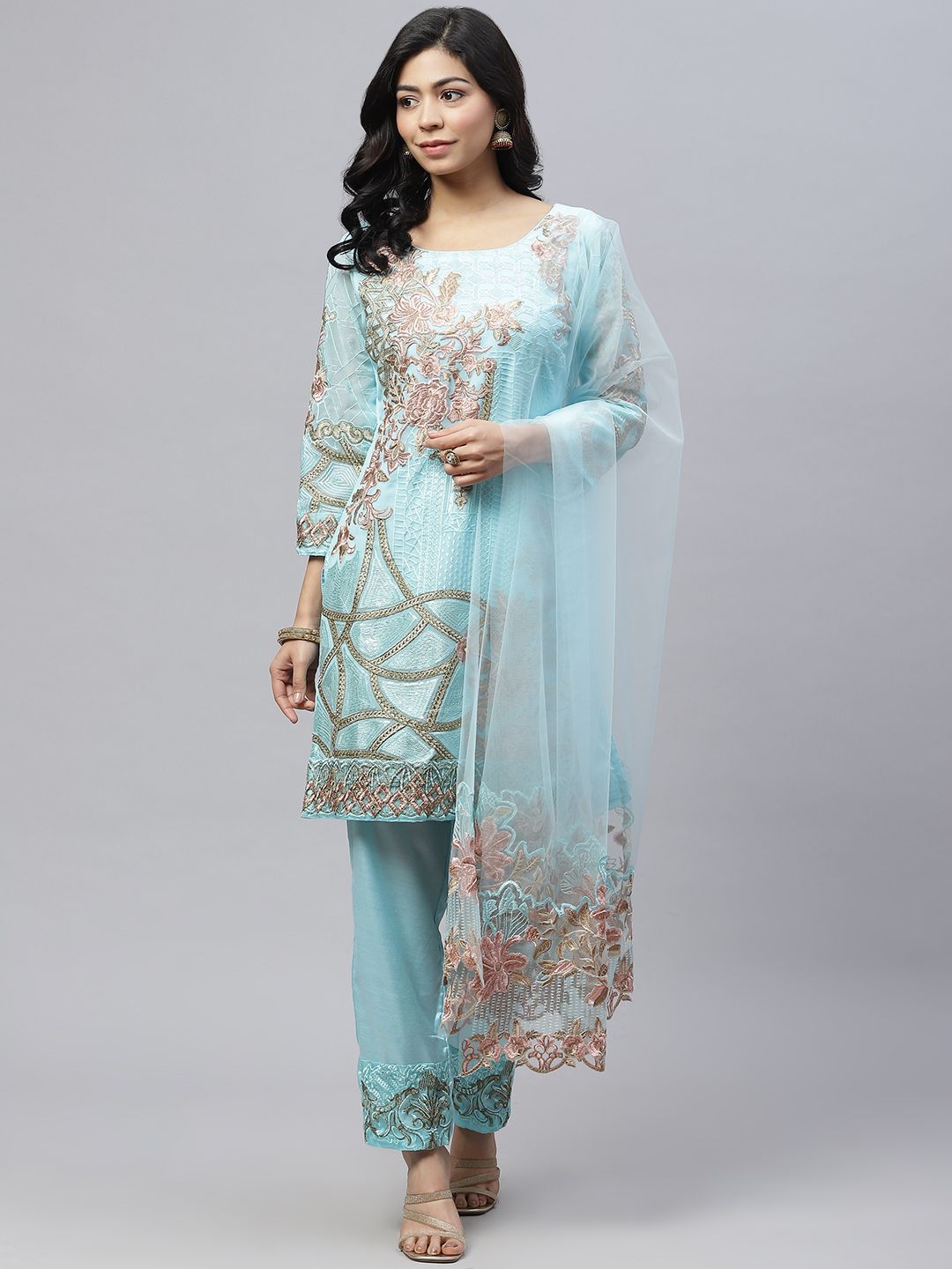 Readiprint Fashions Women Blue & Beige Embroidered Unstitched Kurta Set Material Price in India