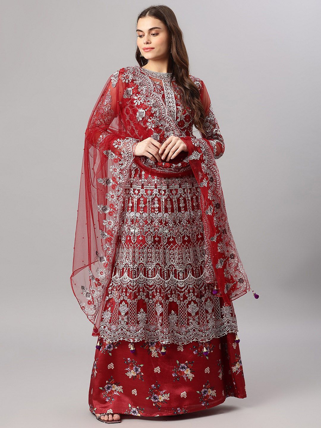 Readiprint Fashions Red & Silver-Toned Embroidered Unstitched Dress Material Price in India