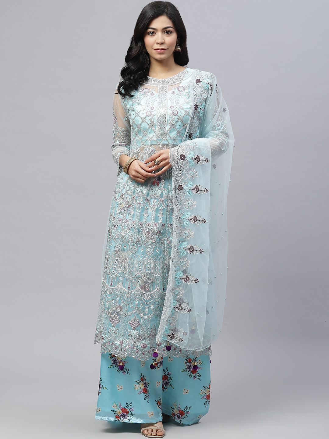 Readiprint Fashions Blue & Silver Embroidered Unstitched Kurta Set Material Price in India