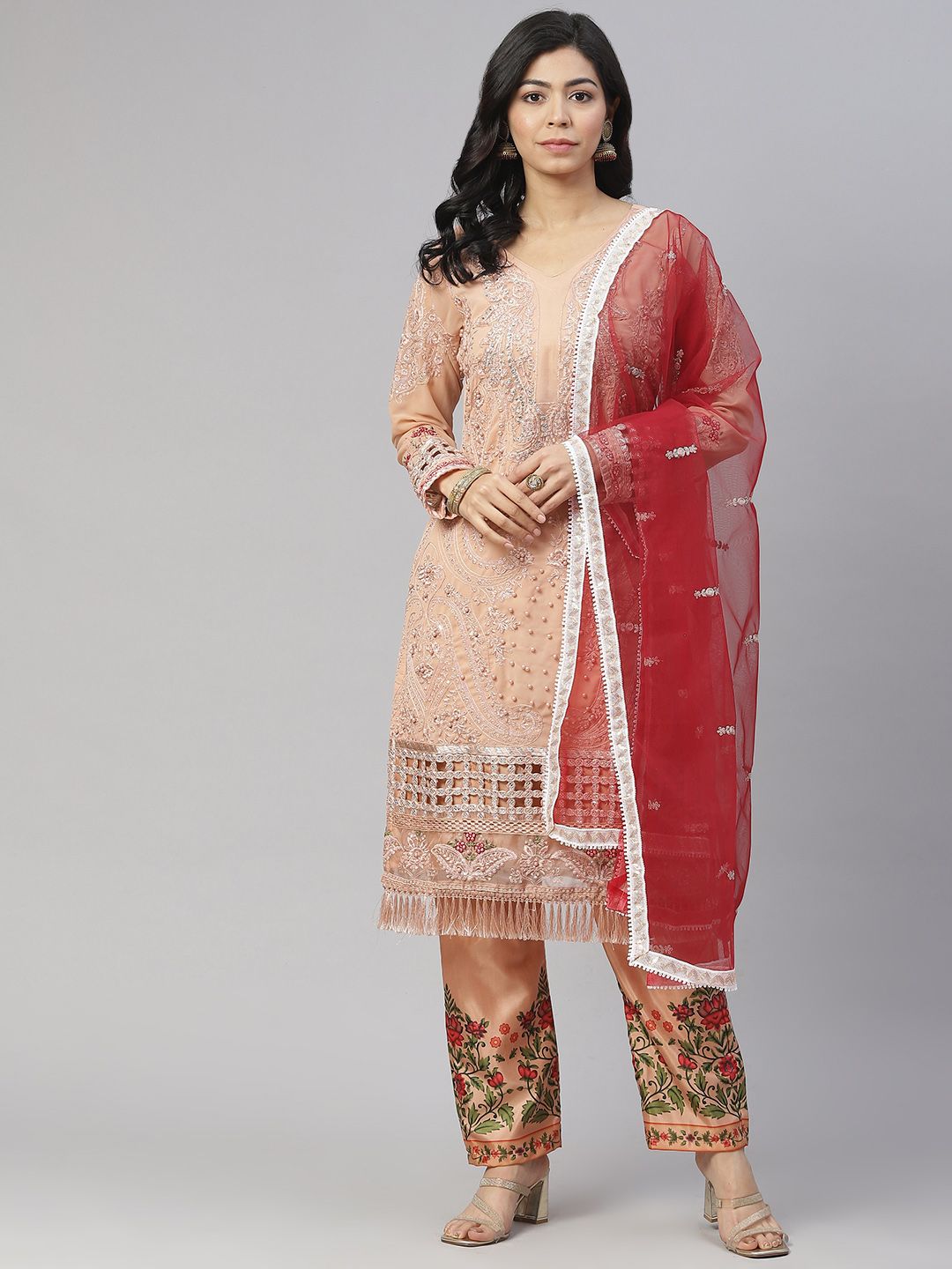 Readiprint Fashions Peach-Coloured & Maroon Embroidered Unstitched Dress Material Price in India