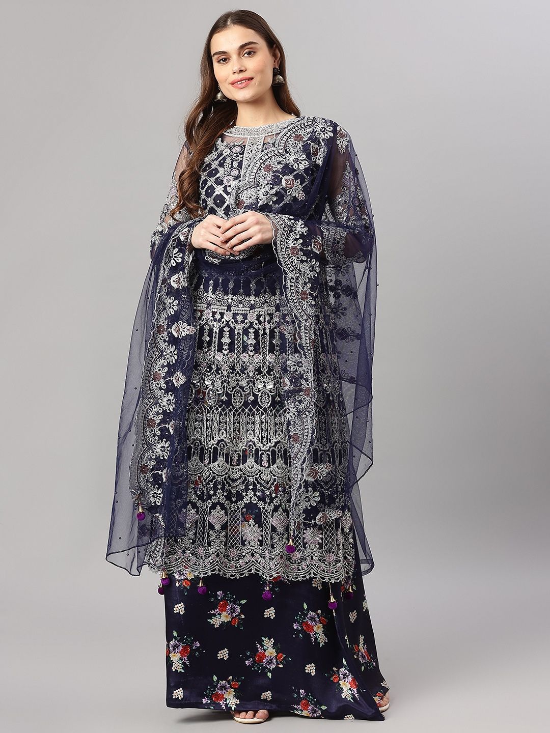 Readiprint Fashions Navy Blue & Silver-Toned Embroidered Unstitched Dress Material Price in India