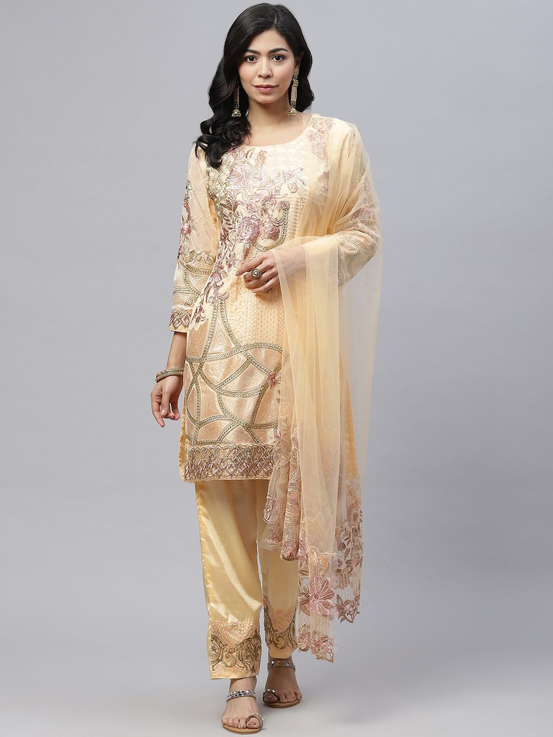 Readiprint Fashions Women Yellow & Beige Embroidered Unstitched Kurta Set Material Price in India