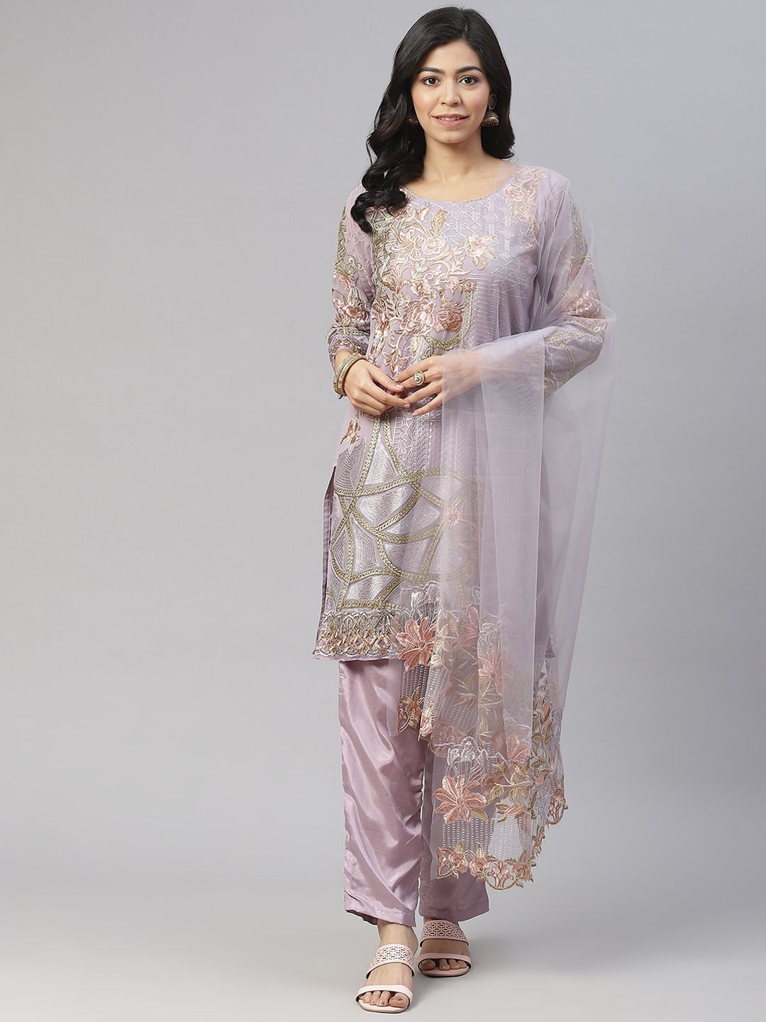 Readiprint Fashions Mauve & Beige Embroidered Unstitched Kurta Set Material Price in India