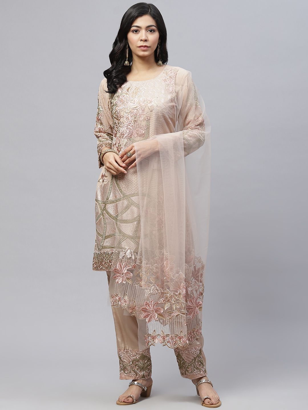 Readiprint Fashions Women Beige & Silver Embroidered Unstitched Dress Material Price in India