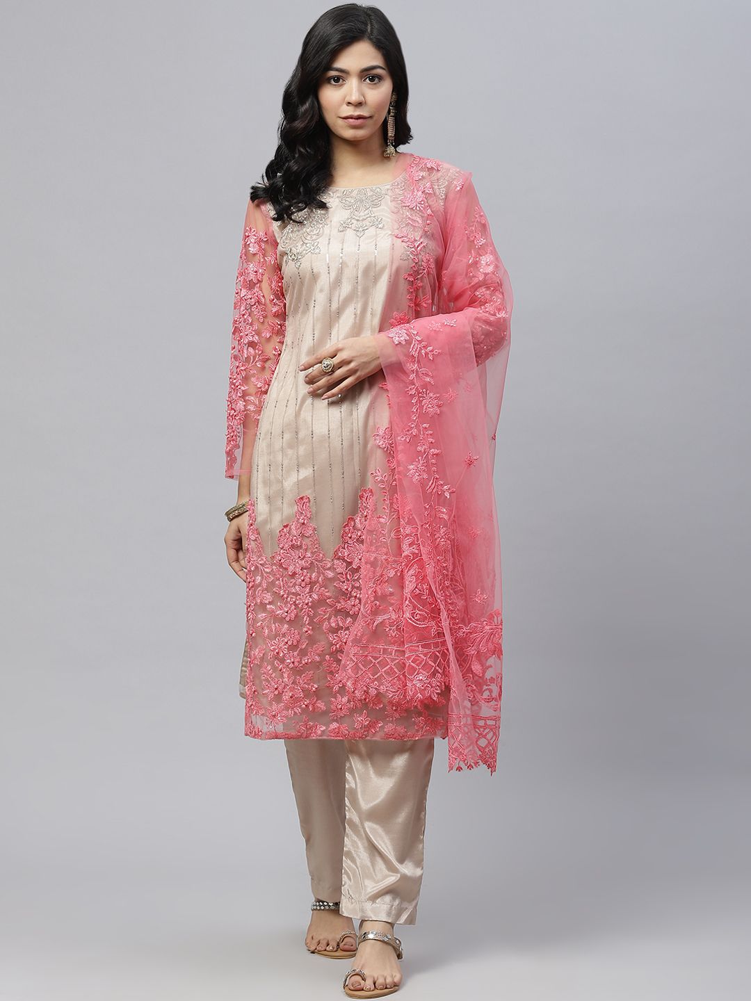 Readiprint Fashions Beige & Pink Embroidered Unstitched Dress Material Price in India