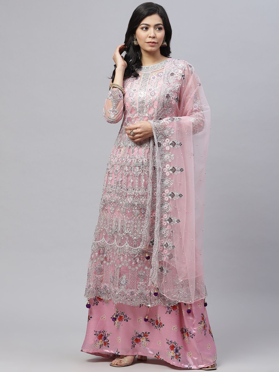 Readiprint Fashions Pink & Silver-Toned Embroidered Unstitched Dress Material Price in India