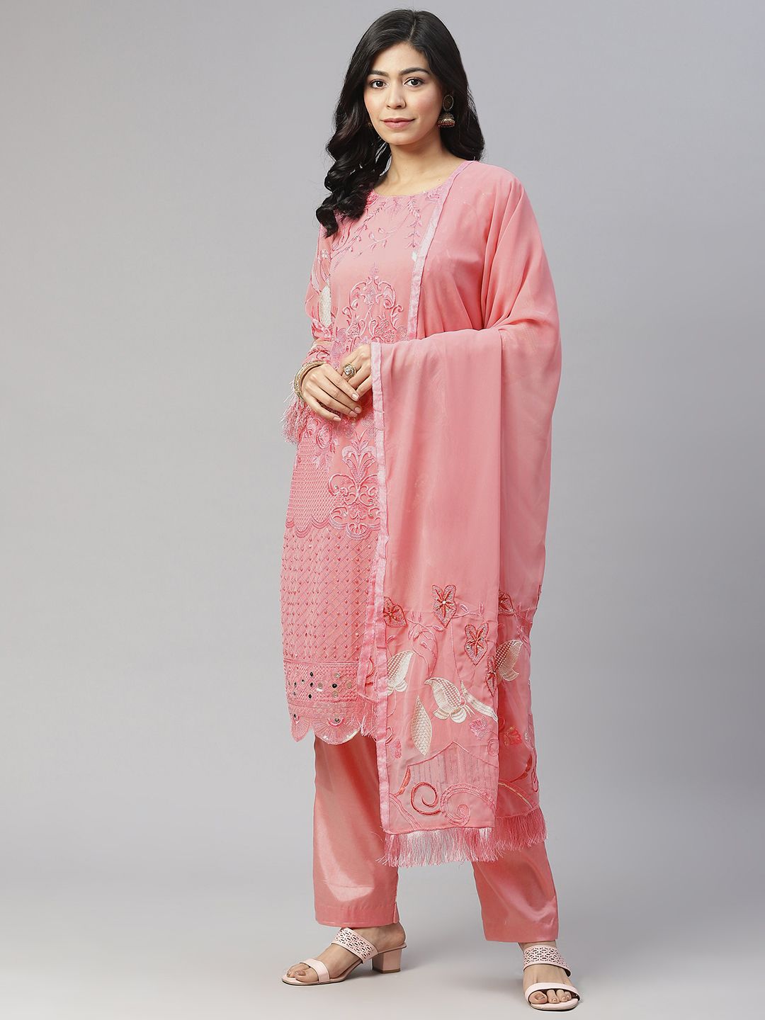 Readiprint Fashions Women Pink & Silver Embroidered Unstitched Kurta Set Material Price in India