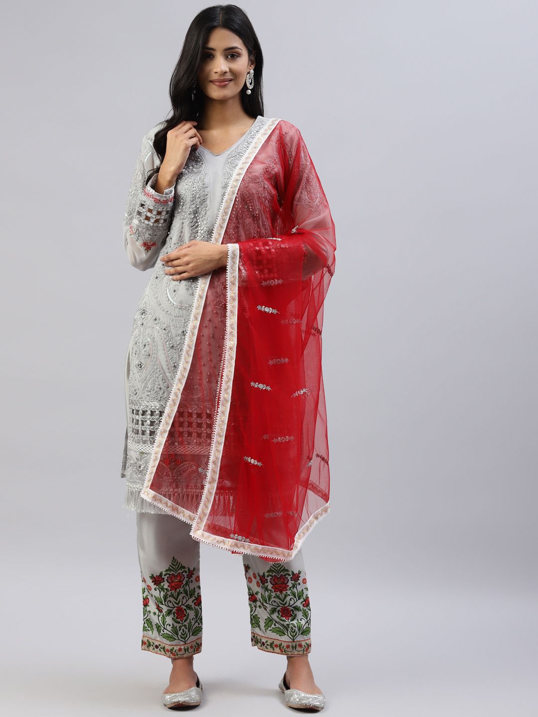 Readiprint Fashions Grey & Red Embellished Unstitched Dress Material Price in India