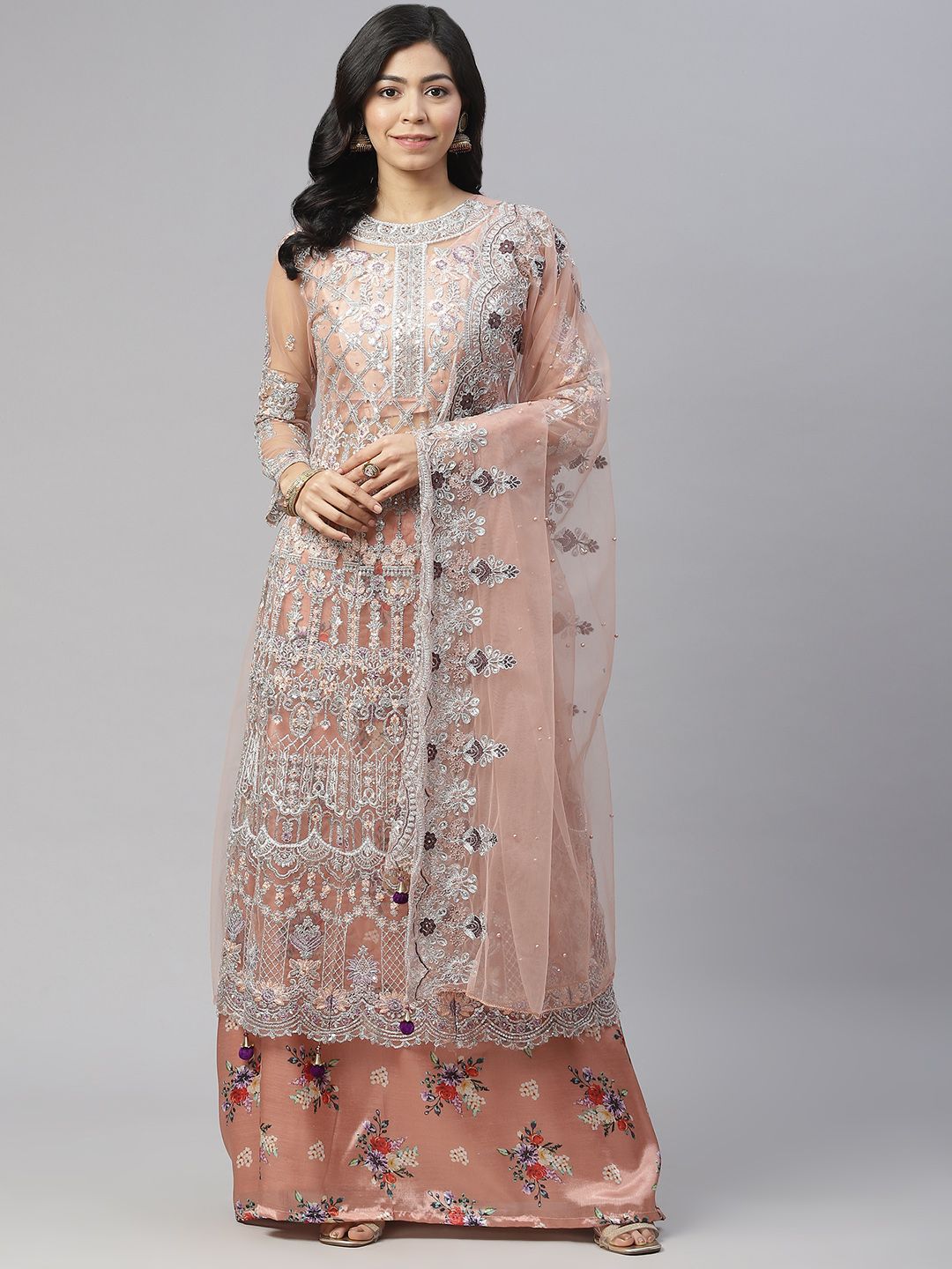 Readiprint Fashions Peach-Coloured & Silver-Toned Embroidered Unstitched Dress Material Price in India