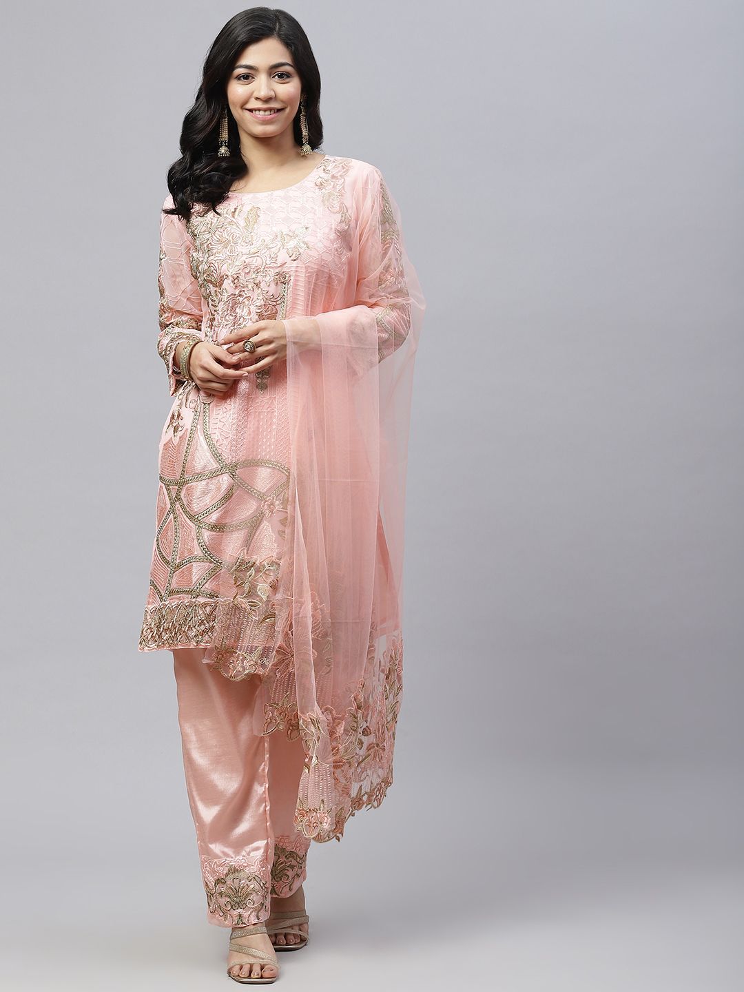 Readiprint Fashions Peach-Coloured & Beige Embroidered Unstitched Kurta Set Material Price in India