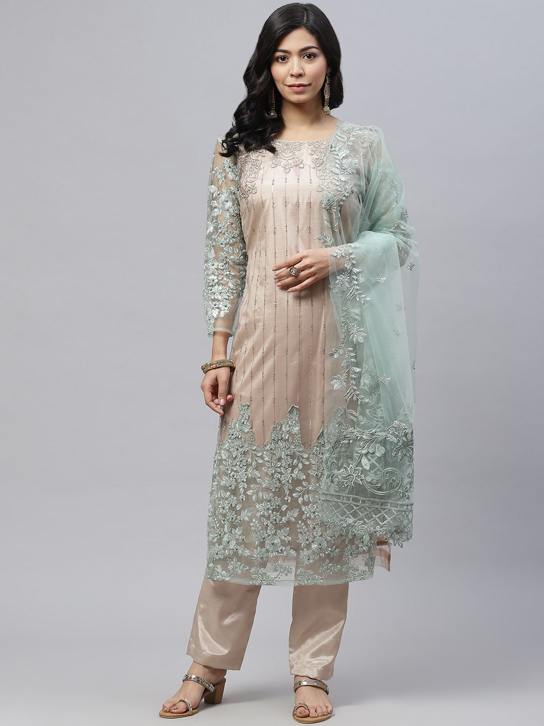 Readiprint Fashions Beige & Sea Green Embroidered Unstitched Kurta Set Material Price in India