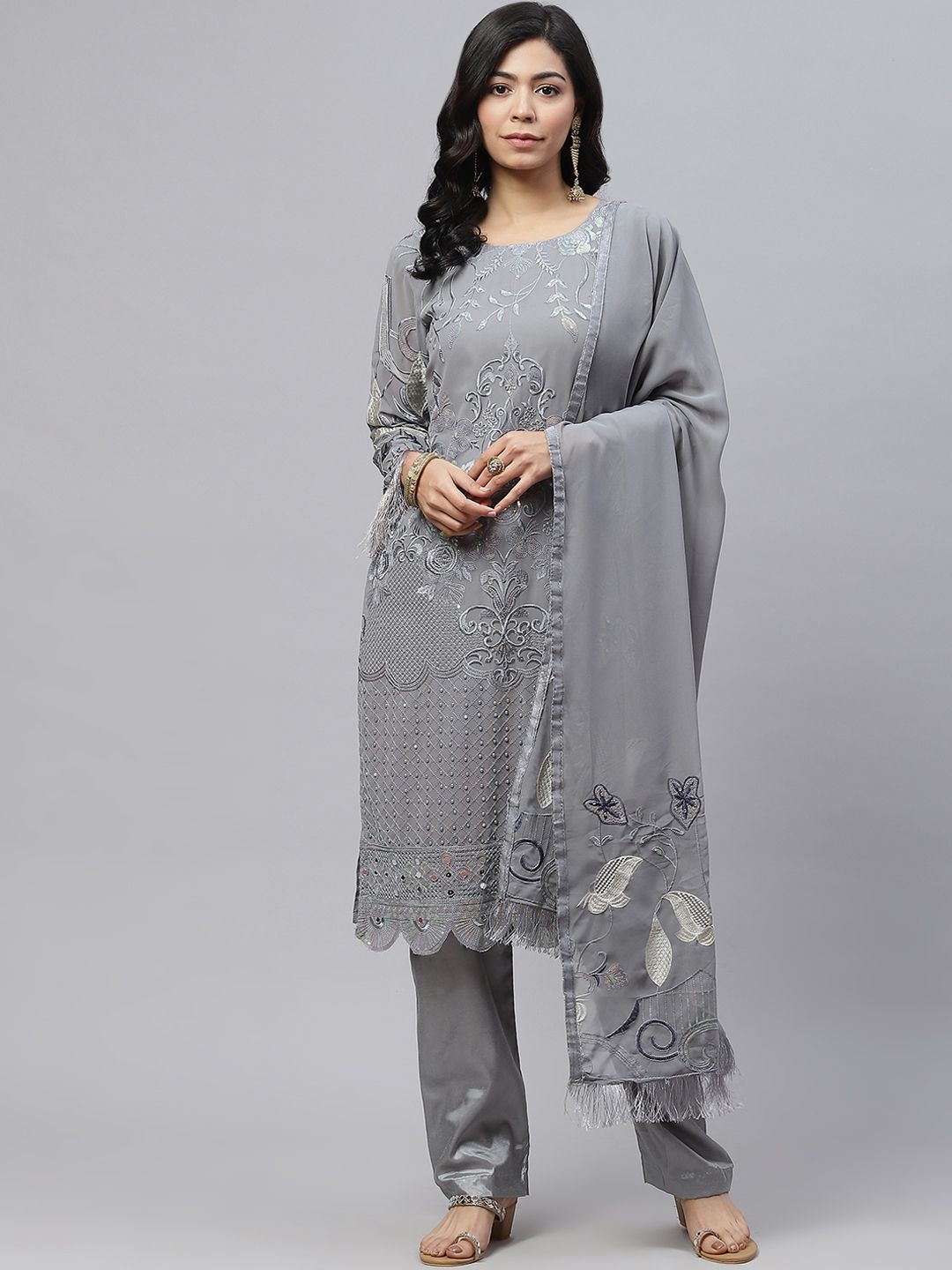 Readiprint Fashions Women Grey & Silver Embroidered Unstitched Kurta Set Material Price in India