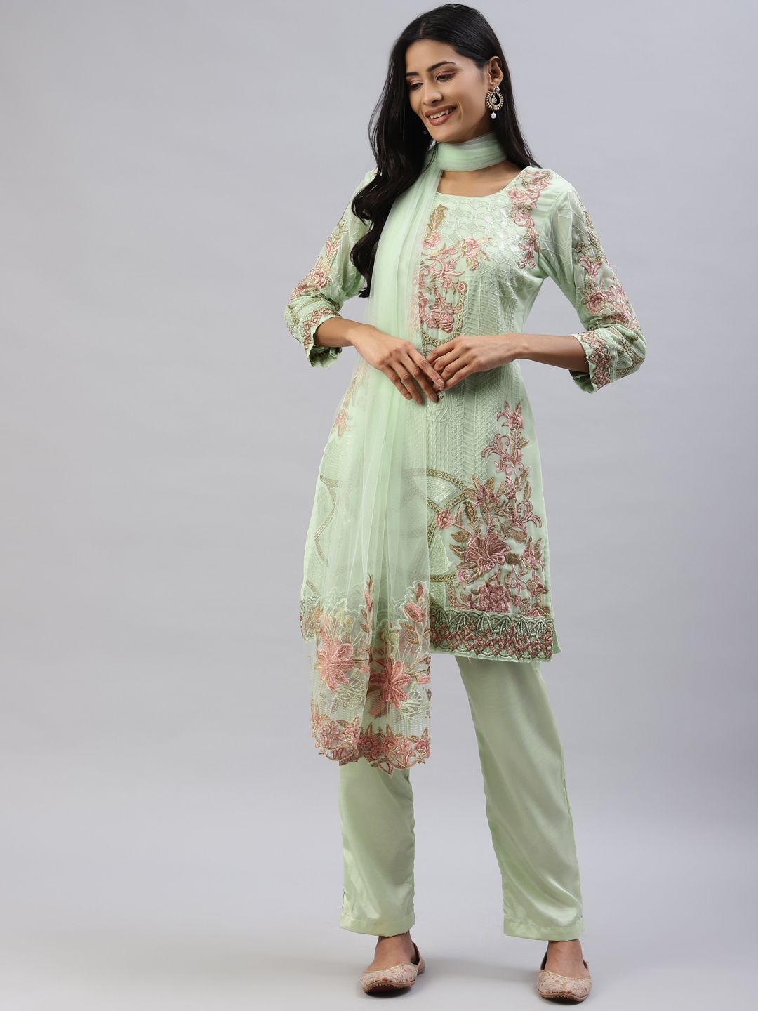 Readiprint Fashions Green & Peach-Coloured Embroidered Unstitched Dress Material Price in India