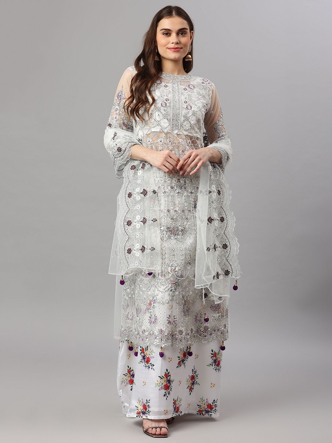 Readiprint Fashions White & Silver-Toned Embroidered Anarkali Style Dress Material Price in India