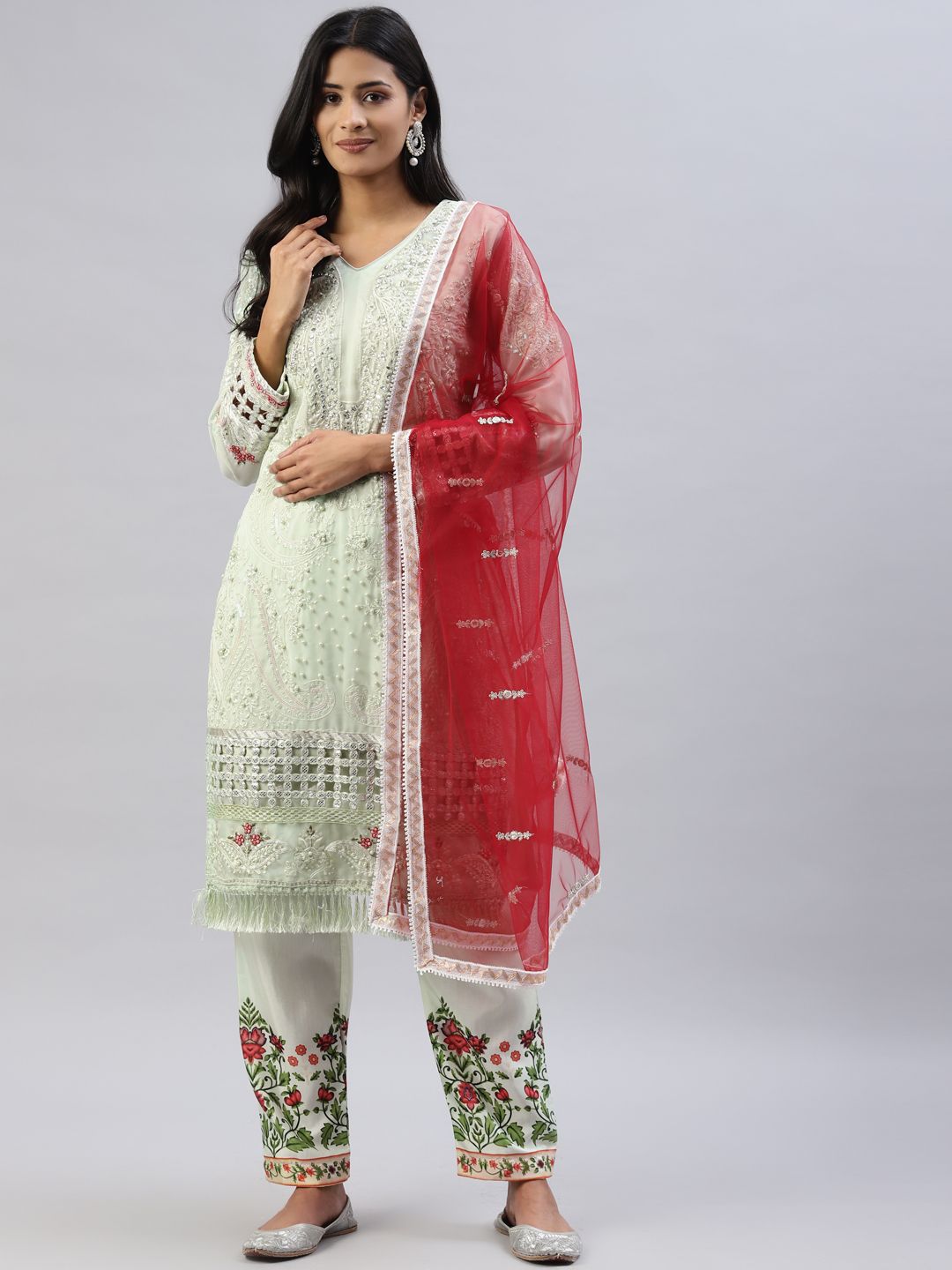 Readiprint Fashions Green & Red Embellished Unstitched Dress Material Price in India