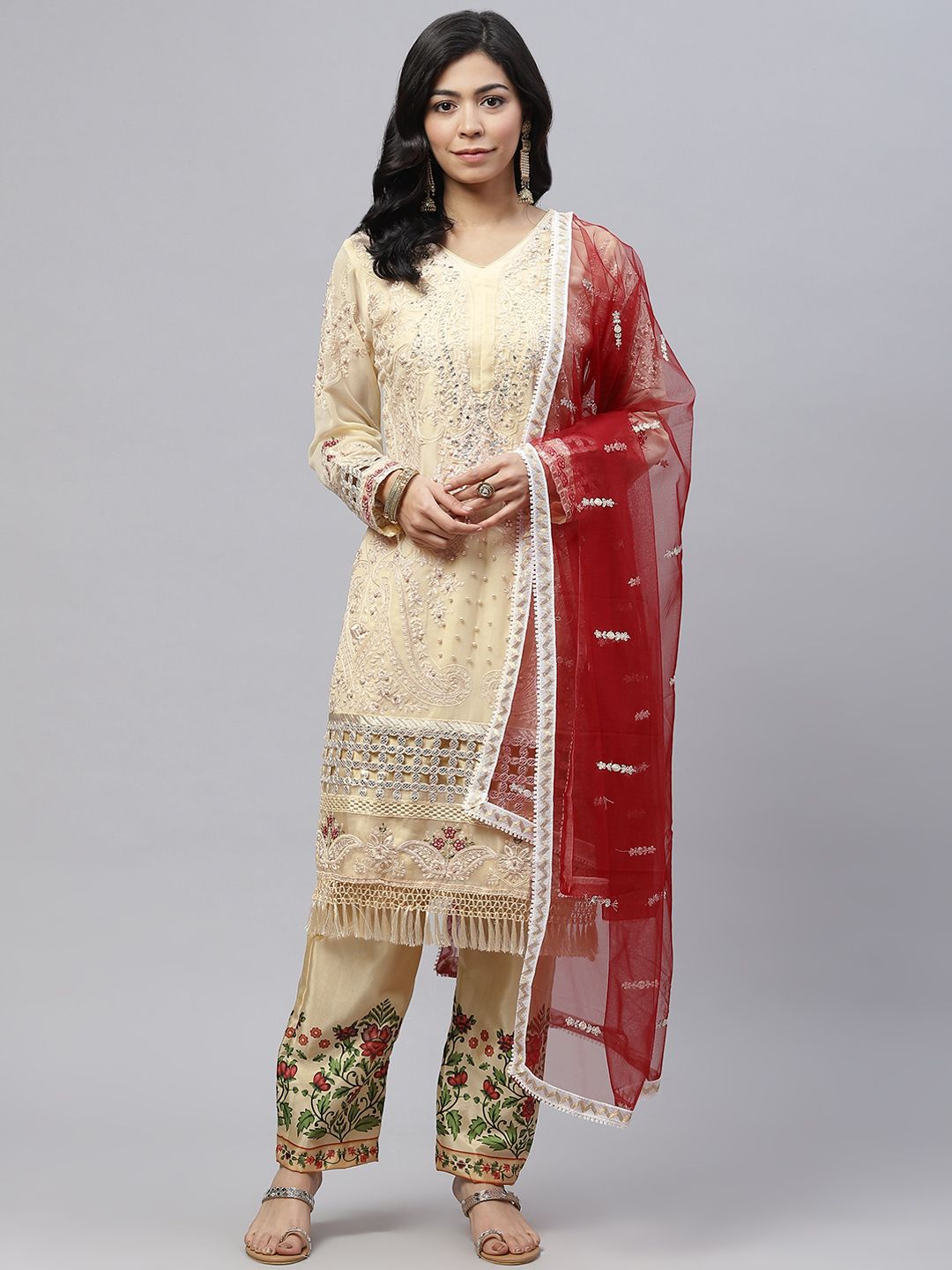 Readiprint Fashions Yellow & Maroon Embellished Unstitched Kurta Set Material Price in India