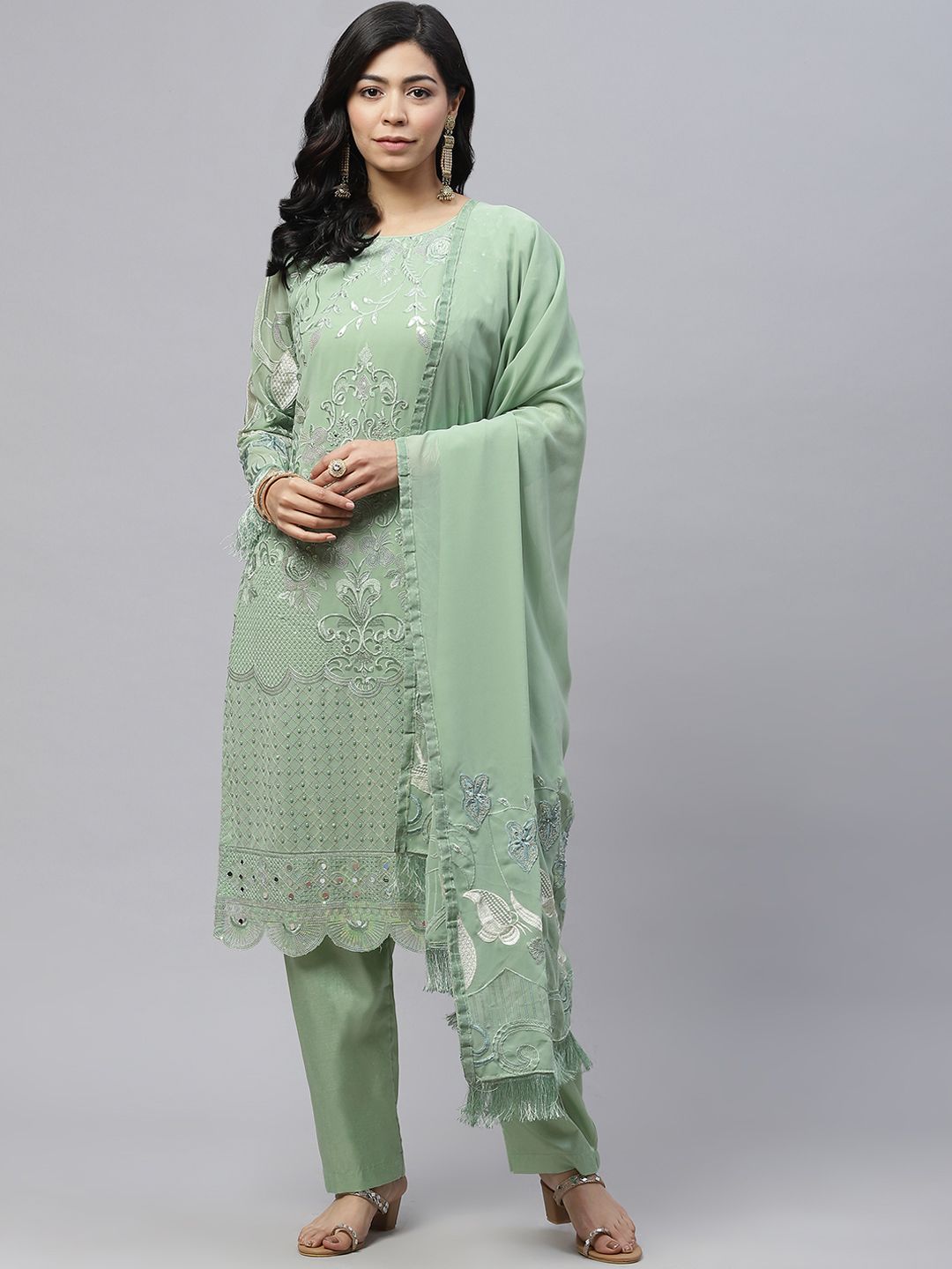 Readiprint Fashions Women Green & Silver Embroidered Unstitched Kurta Set Material Price in India