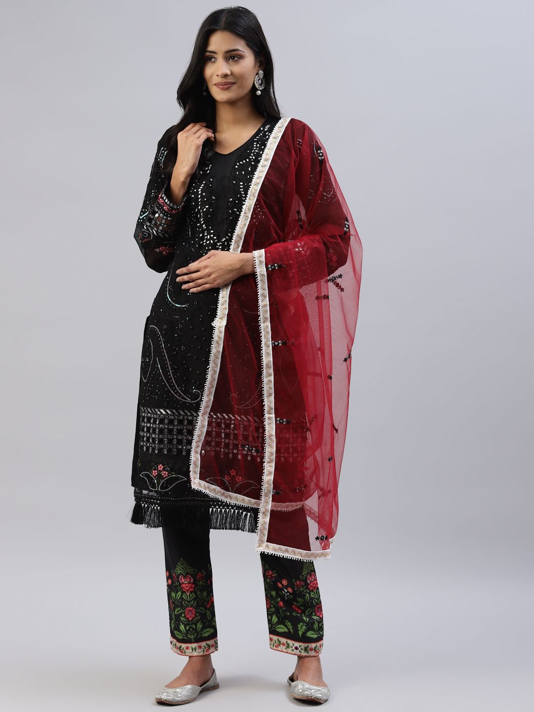 Readiprint Fashions Black & Maroon Embellished Unstitched Dress Material Price in India