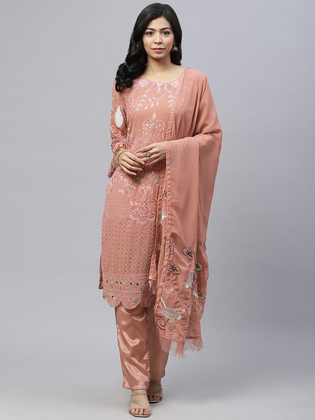 Readiprint Fashions Peach-Coloured & Silver Embroidered Unstitched Kurta Set Material Price in India