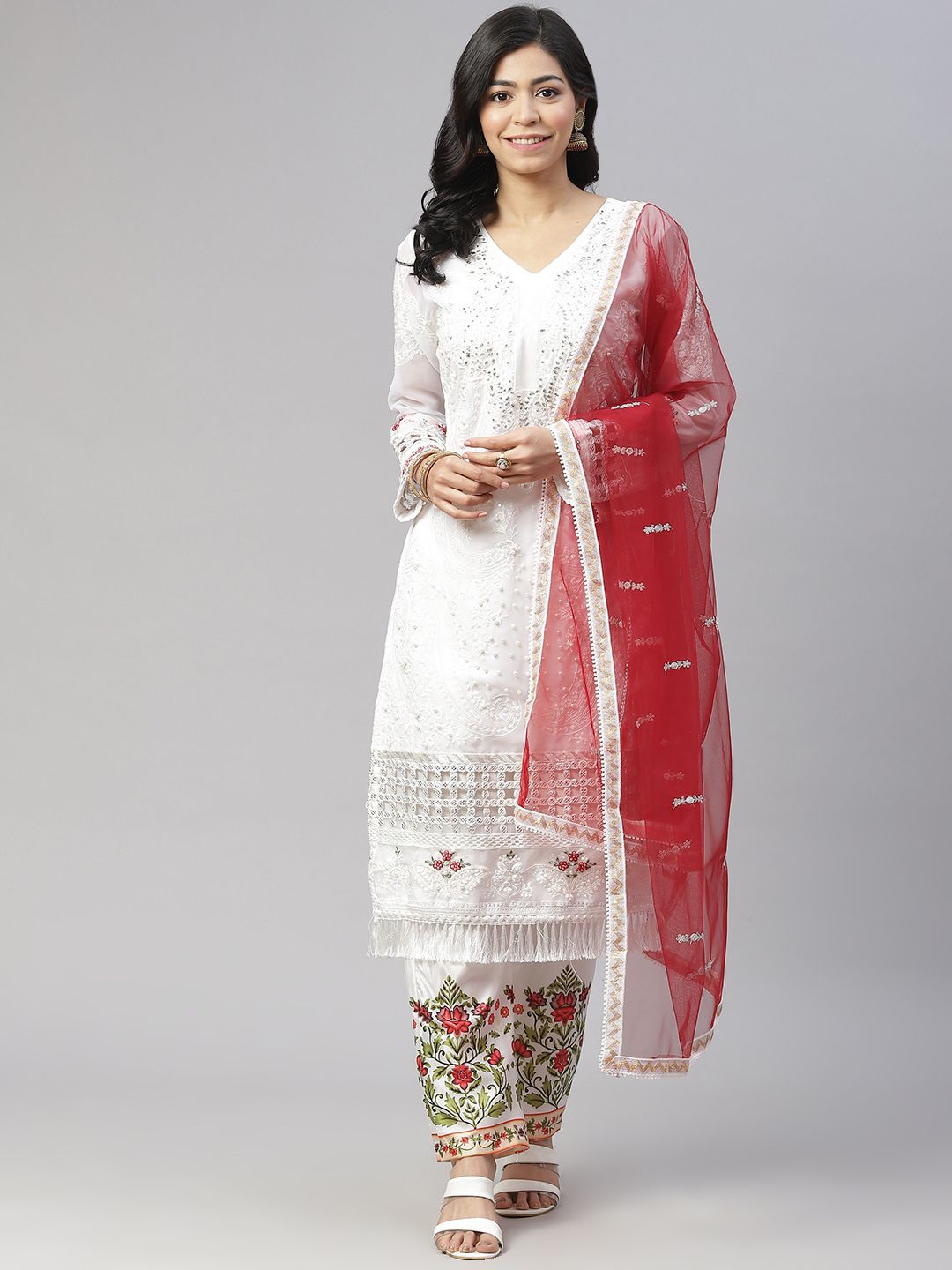 Readiprint Fashions White & Maroon Embellished Unstitched Dress Material Price in India