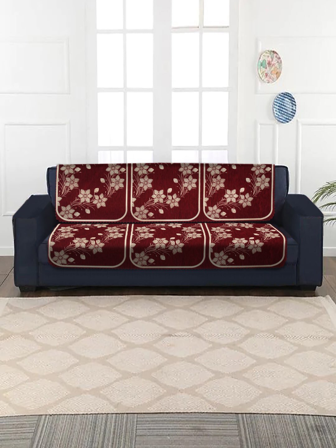 HOSTA HOMES Maroon & Beige Floral Jacquard Velvet 5 Seater Sofa Cover Price in India