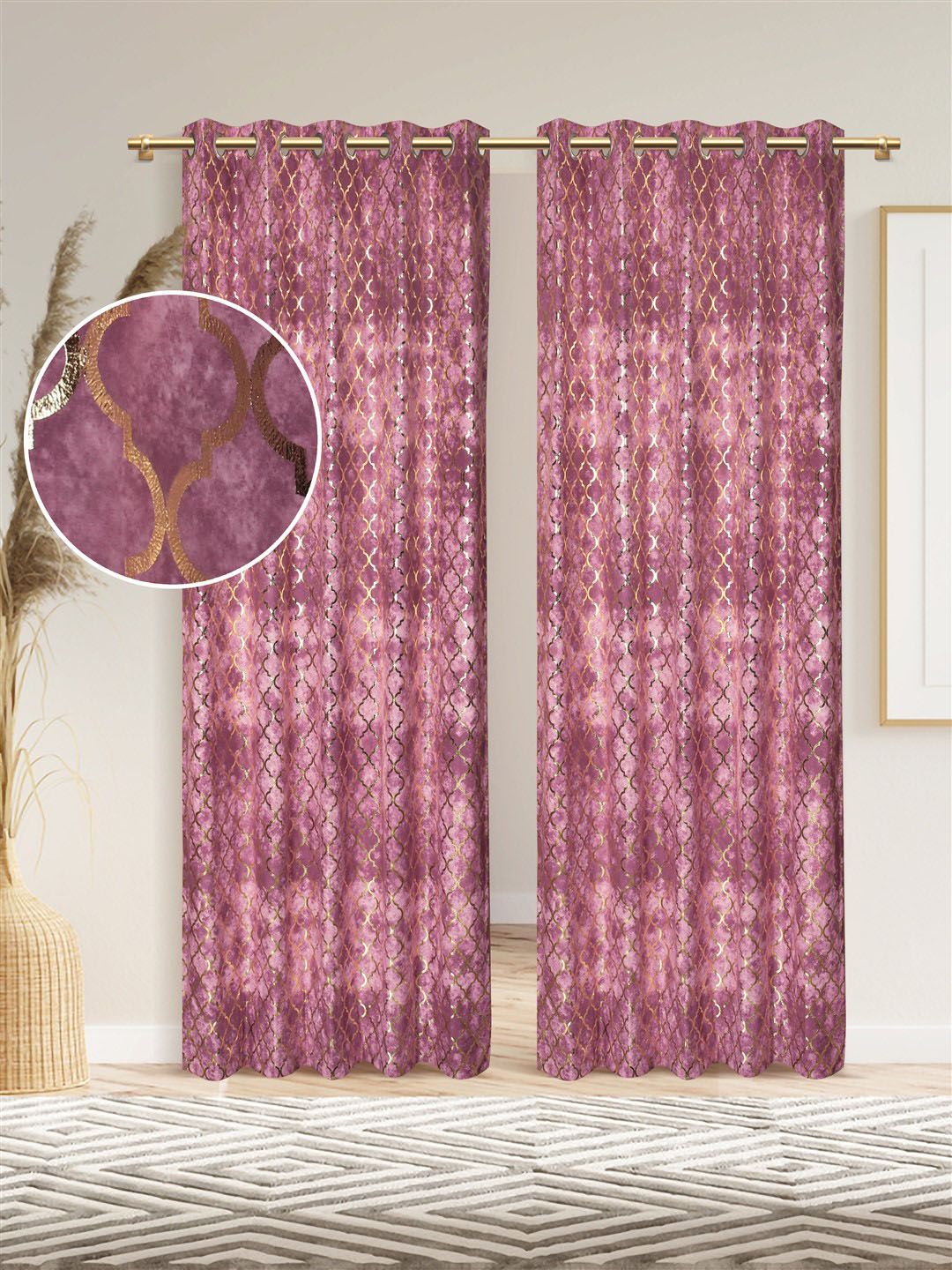 DREAM WEAVERZ Pink & Gold-Toned Set of 2 Ethnic Motifs Room Darkening Door Curtain Price in India