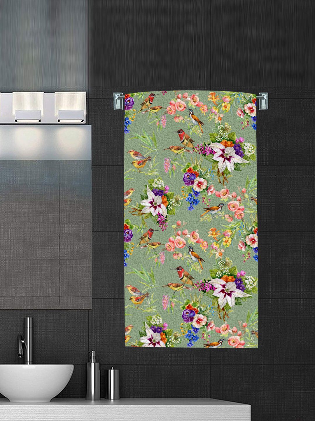 Status Green & Pink Floral Printed 250 GSM Bath Towel Price in India