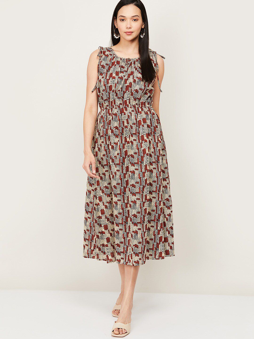 Colour Me by Melange Beige & Red Cotton Midi Dress Price in India