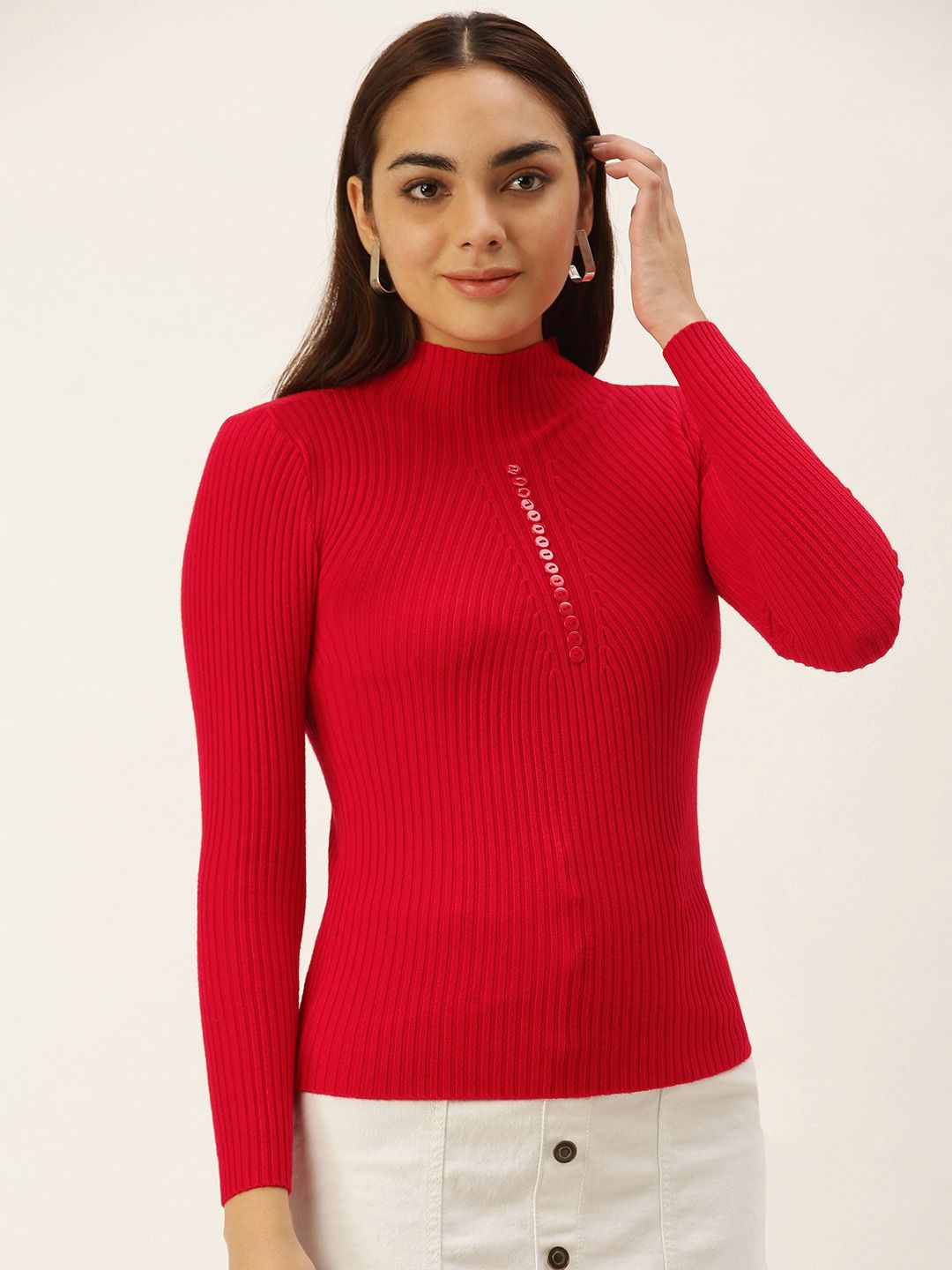 SHECZZAR Women Red Ribbed Pullover with Button Detail Price in India