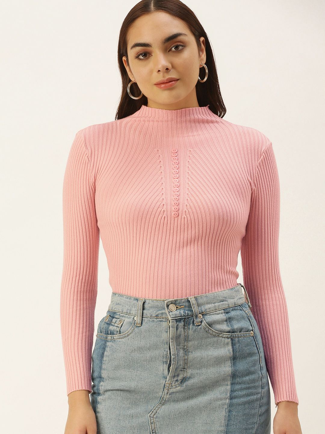 SHECZZAR Women Pink Ribbed Pullover with Button Detail Price in India