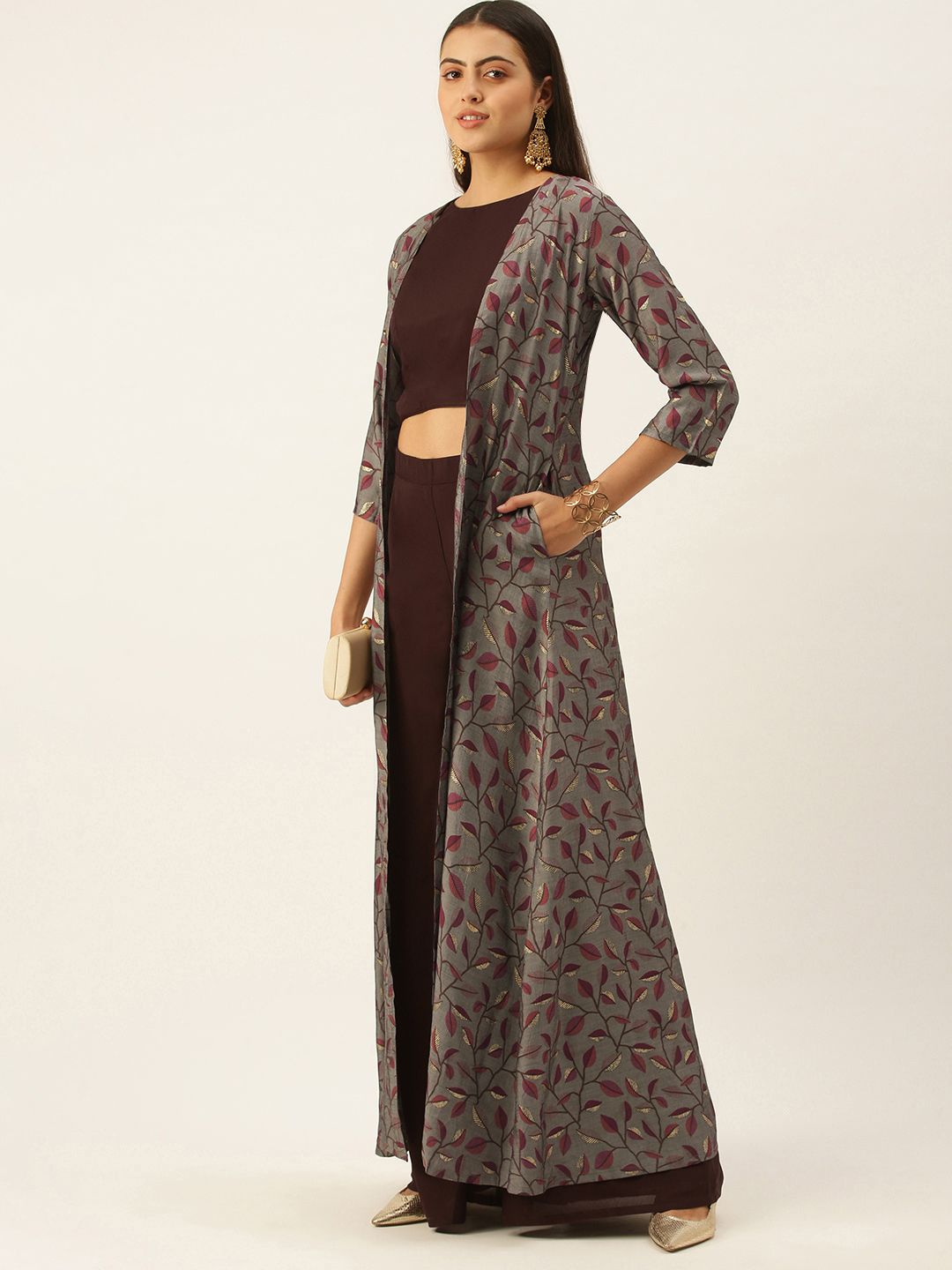 EthnoVogue Made To Measure  Aubergine & Grey Solid Co-ord Set & Floral Ethnic jacket Price in India