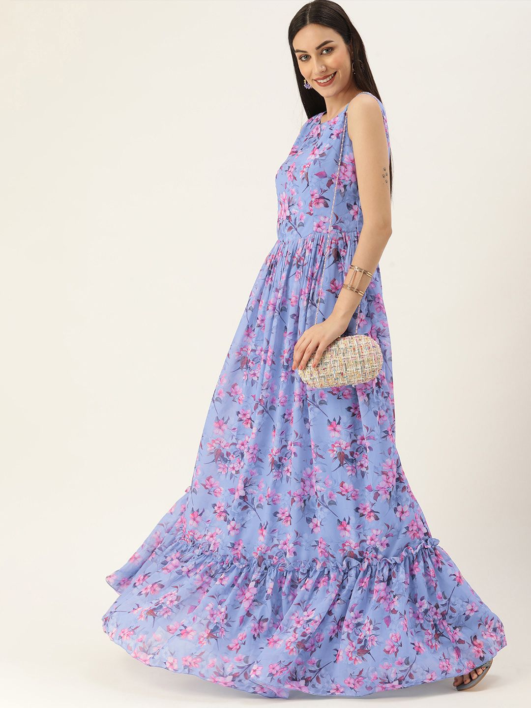 EthnoVogue Blue & Pink Floral Georgette Maxi Dress Price in India
