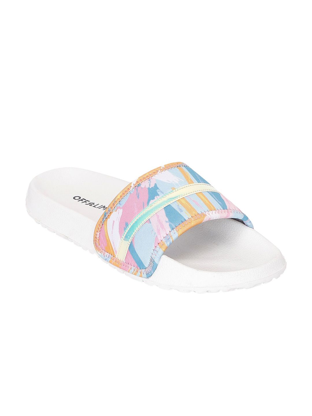 OFF LIMITS Women White & Blue Printed Sliders Price in India