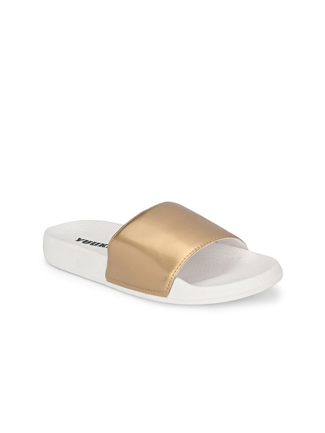 Yuuki Women Gold-Toned & White Sliders Price in India