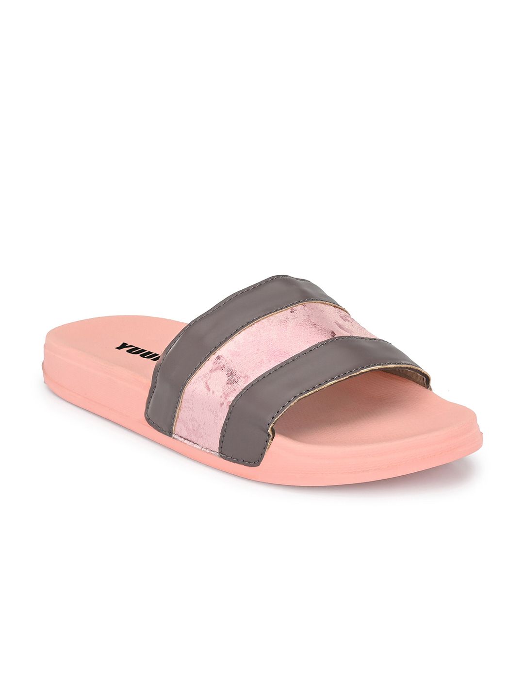 Yuuki Women Pink & Grey Striped Sliders Price in India